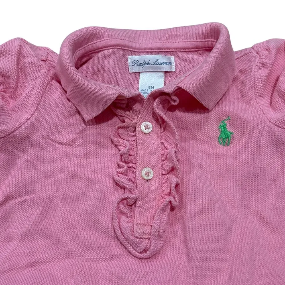 Ralph Lauren One Piece Ruffled Pink Polo Romper Girls Baby Size 6 Months